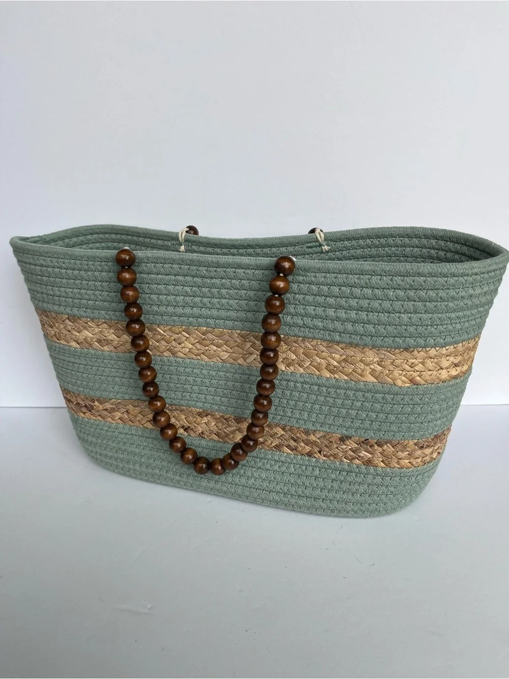 Woven Straw Blue Tote Bag Wood Beaded Handles